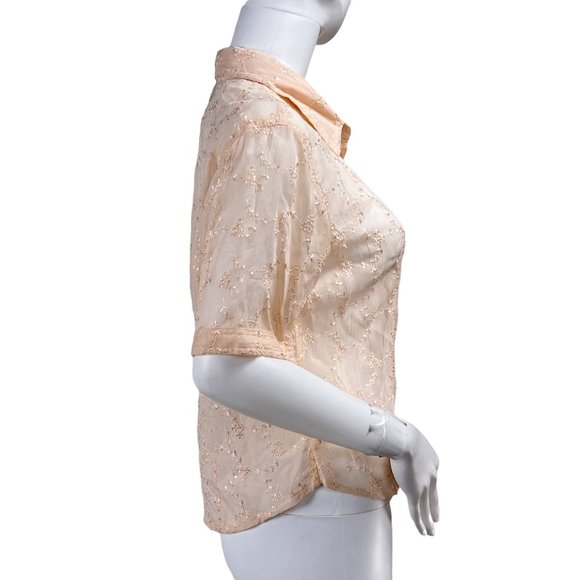 2 Of Us NYC VTG Peach Orange Sheer Floral Embroidered Button Short Sleeve Top L - Picture 3 of 9